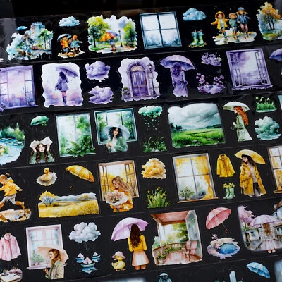 Cinta adhesiva PET escena lluviosa dama niño álbum de recortes diario tarjetas pegatinas Foto 1 de 4