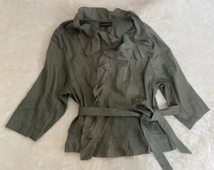 Lane Bryant Women's Linen Blouse Sz 24 Wrap Shirt Ruffled V-Neck Olive Green - Picture 1 of 8
