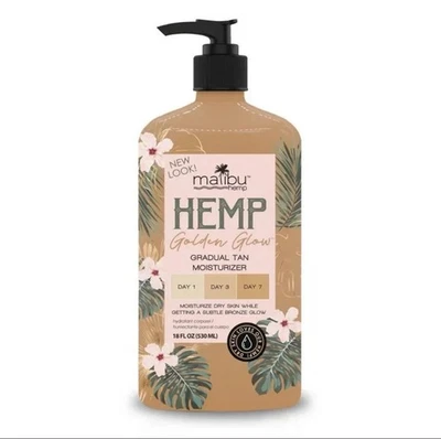 Malibu Hemp Golden Glow hidratante bronzeado gradual, pele seca e bronzeamento, fl oz 18 - Imagem 1 de 3
