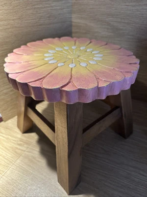 Thailand Pink Flower small Vanity Step stool Footstool Wood Wooden Garden Carved - Image 1 of 4