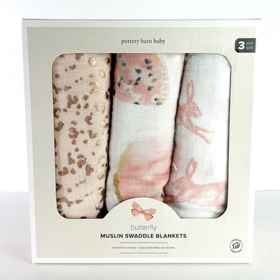 Juego de 3 mantas Pottery Barn Kids rosa mariposa algodón orgánico muselina Foto 1 de 4