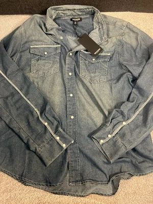 True Religion Shirt Large Pearl Snap Blue Denim Long Sleeve Western NWT Sz XL - Image 1 of 3