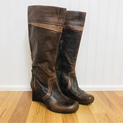 EARTHIES Leather Knee High Boot Size 7 Brown Wedge Heel Distressed Fall Y2K - Image 1 of 4