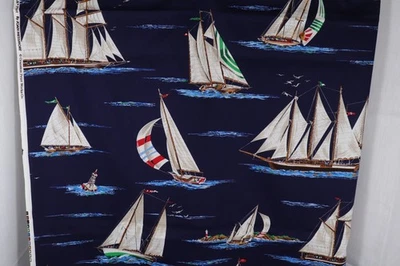 72"L x 44"W Cranston Messmore Fabric Sailing Ships Boats Lighthouses Dark Blue - Image 1 of 4