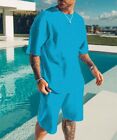 Men's Summer Short Sleeve Beach Pants Suit 2Pcs Solid Color T-Shirt Shorts Sets