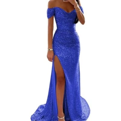 Vestido largo azul fuera del hombro talla 4 fuera del hombro brillo graduación Foto 1 de 3