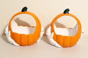 2 Halloween Ceramic Pumpkin with Ghosts Handled Candy Dishes 7.5" x 7" - Picture 1 of 5