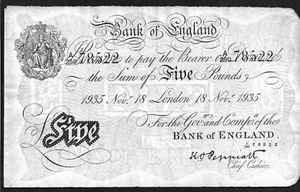 Bank of England FIVE ( 5 ) POUNDS 1935 Peppiatt - UNC - Bild 1 von 2