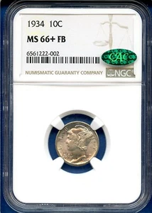 1934 P NGC MS66+FB Mercury Dime 10c US Mint Coin Silver 1934-P MS-66+Plus FB CAC - Picture 1 of 3