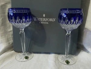 2 Waterford Clarendon Hock Wine Cobalt Blue Cut to Clear Goblets NIB - Picture 1 of 7