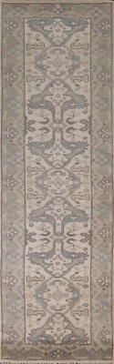 Ivory/ Light Blue Oushak Indien Narrow Runner Rug 2' 7" x 10' 1" Handmade Carpet - Image 1 of 4