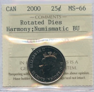 2000 Canada 25 Cents Harmony Rotated Dies ICCS MS-66 - Picture 1 of 2