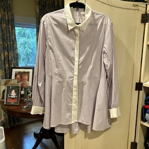 St John Purple White Stripe Cotton Shirt Blouse Longer Back 16 - Picture 1 of 7