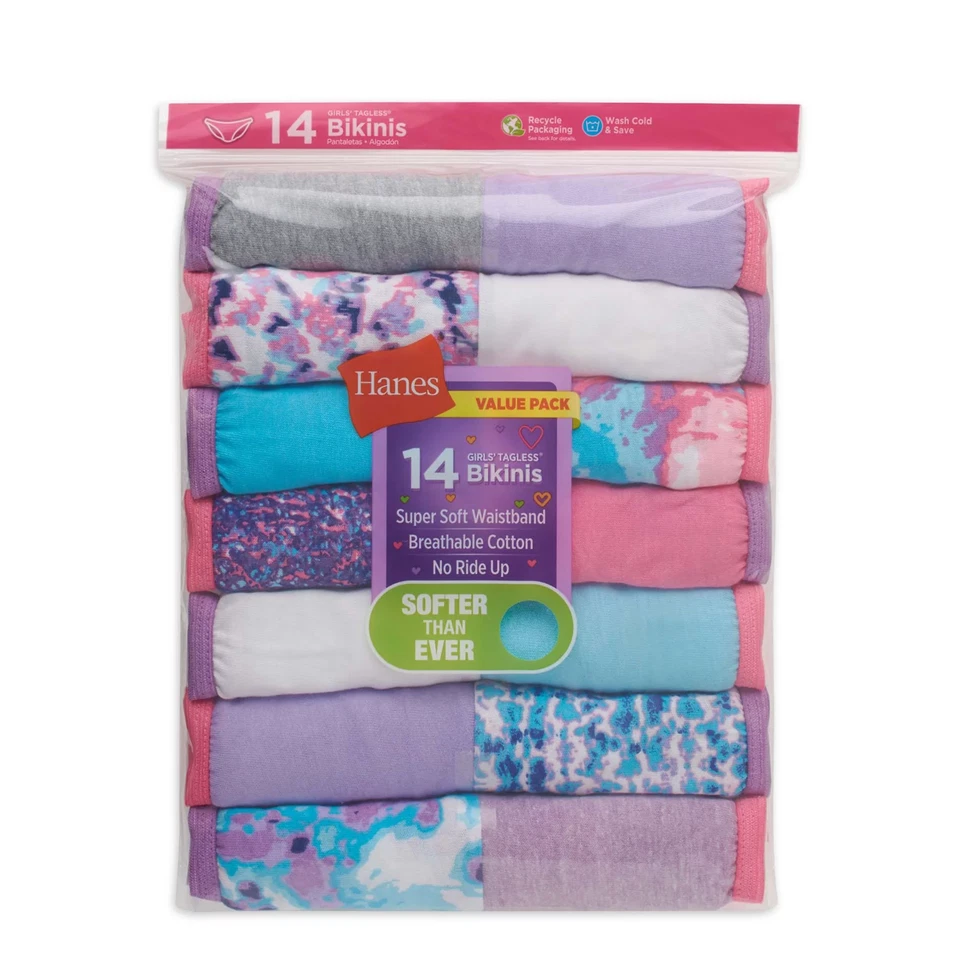 Hanes 14 Pack Girls Tagless Bikinis Breathable Cotton Multi Color Size 16