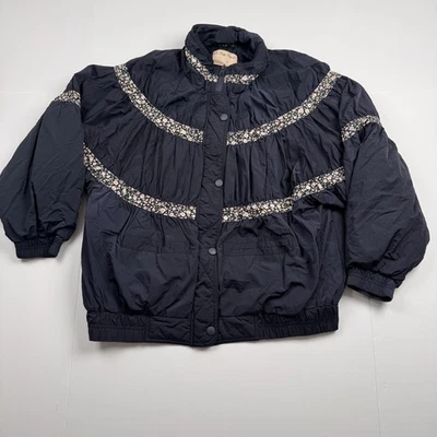 We The Free Jacket Womens Medium Navy Floral Trim Puffer Bomber Zip Coat - Image 1 of 4