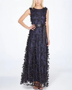 Maxi Vestido Formal TAHARI ARTUR S. LEVINE Floral Azul Marino Negro 3D Floral Corbata Larga 10 - Imagen 1 de 24