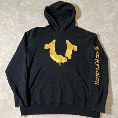 True Religion Hoodie Men's Large Black Gold Horseshoe Pullover Sweatshirt Casual - Image 1 of 4