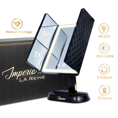 Imperio Gold Trifold Vanity Mirror with 60 LED Lights, Dimmable, rechargeable