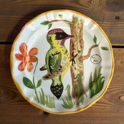 Plato de ensalada/postre Anthropologie Nathalie Lete pájaro carpintero amarillo 8" RARO NUEVO Foto 1 de 3
