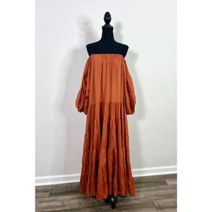 Erika Pena Brielle Puffed-Sleeve Cotton Maxi Dress S/M Tiered Pullover Lined - Picture 1 of 9