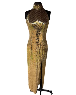 Bombshell 90s Y2K Niteline Della Roufogali Gold Sequin Bead Cocktail Dress 4 - Image 1 of 4
