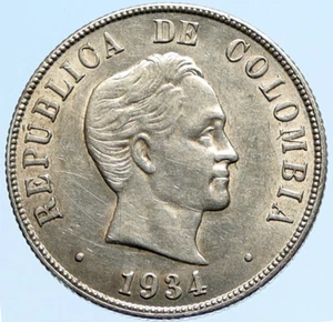 1934 COLUMBIA Simon Bolivar Eagle Shield ANTIQUE Silver 50 Centavos Coin i97176 - Picture 1 of 3