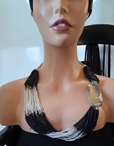VINTAGE Statement Necklace Multi Seed Bead Ethnic/Tribal Black/White Silver Tone - Picture 1 of 12