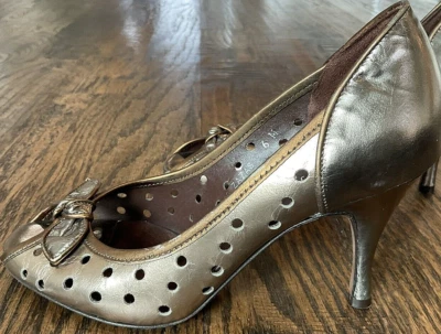 Donald J Pliner ZAZAS Peep Toe Polka Dot Perf Pumps Bronze Leather  Women's 6M - Image 1 of 4