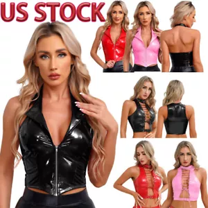 Canotta donna in pelle con ferretto collo intagliato cerniera clubwear slim fit crop top - Foto 1 di 59