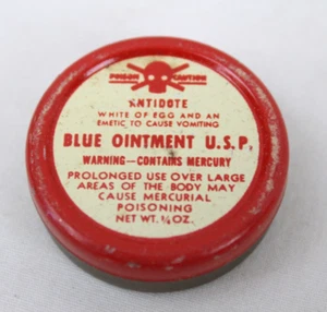 Vintage Werbung BLAUE SALBE USP Gift Schädel & Kreuz Knochen rot Metalldose - Bild 1 von 5