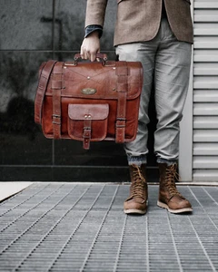 26" Genuine Vintage Real Leather Bag Men's Messenger Shoulder Laptop Briefcase - Picture 1 of 5