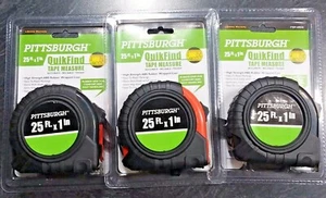 3pk 25ft x 1" Pittsburgh Quikfind TAPE MEASURE Rubberized Grip ~ FREE USA SHIP - Picture 1 of 3