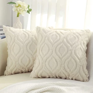 Decoruhome Throw Pillow Covers 18X18 Inch Set of 2, Soft Plush Faux Wool Beige C - Picture 1 of 12