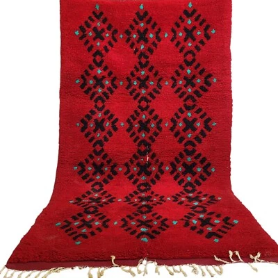 Vintage Handwoven Moroccan Rug Red Wool Tribal Artistry Fringe Berber Carpet 7x3 - Image 1 of 4