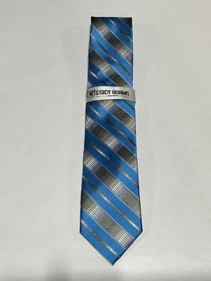 Mens Stacy Adams Blue Silver Stripe Pattern Tie With Matching Pocket Square NEW - Image 1 of 3