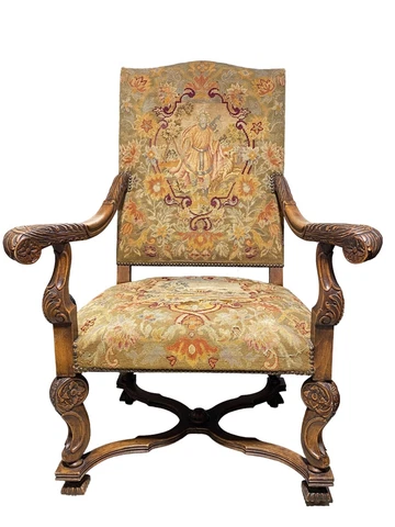#5557 19th c English Jacobean Style Chair Upholstered With Petit Point Cover