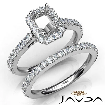 French V Cut Pave Emerald Semi Mount Diamond Engagement Ring Bridal Sets 1.5Ctw. - Image 1 of 4