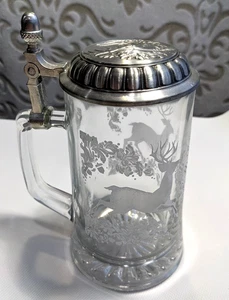 Vintage German Stein. Clear Glass. Hinged Pewter Lid. Etched. Deer and BEER! - Picture 1 of 10