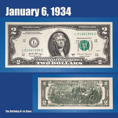 January 6, 1934 Birthday Anniversary $2 Two Dollar Bill Serial Number 01061934 - Image 1 of 2