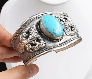 Unusual tibet silver turquoise men's cuff bracelet - Picture 1 of 3