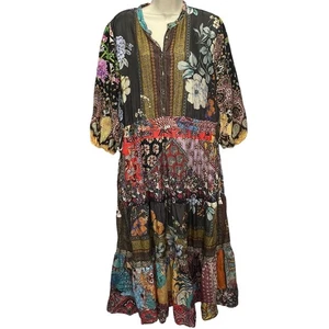 Johnny Was Tibby Patchwork Floral Silk Maxi Dress Size L Pockets Tie Waist  - Picture 1 of 9