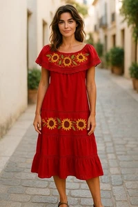Azteken Maya Folklore bestickt Maxi Spitze Kleid XXL rot neu Sonnenblumen Rüschen - Bild 1 von 6