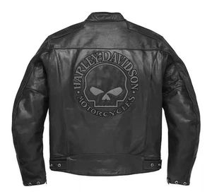 HD Men's Black  Skull Motorcycle Biker Genuine Cowhide Leather Jacket - Picture 1 of 3