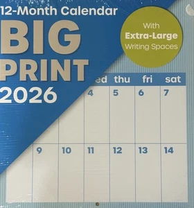 2026 BIG PRINT 12 Month Hanging Wall Calendar XL Writing Spaces Blue 12” X 24” - Picture 1 of 3