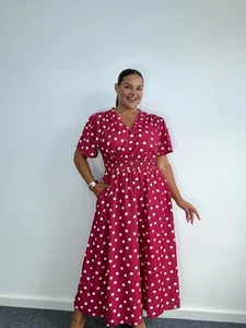 Plus Size Curve Berry Red Polka Dot Shirred Waist Midi Dress-UK SIZE 18-22 - Picture 1 of 1