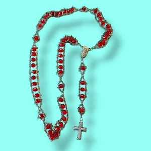 Vintage Red Glass Ladder Chain Catholic Rosary Necklace Wearable Or Craft - Picture 1 of 8