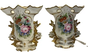 Pair Antique PORTUGAL VA Old Paris Style Spill Vases w Roses Daisies Circa 1900s - Picture 1 of 17