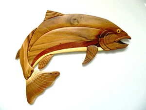 Trucha arco iris pez pesca intarsia madera arte de pared decoración del hogar placa albergue nuevo - Imagen 1 de 1