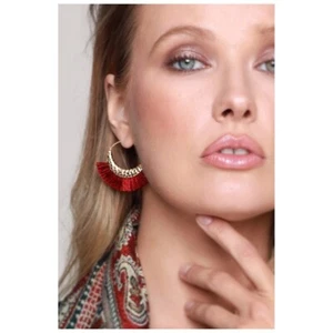 Earrings Hammered Metal Hoop Fine Thread Burgundy Women Trendy Jewelry Gold-tone - Picture 1 of 9