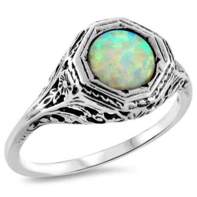925 STERLING SILVER SOLITAIRE ART DECO STYLE LAB-CREATED OPAL FILIGREE RING 432X - Image 1 of 3